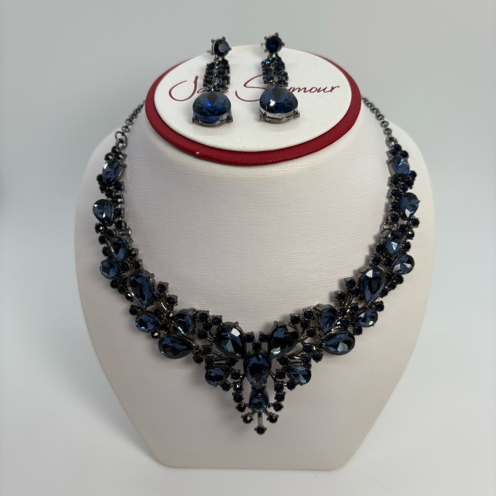 Navy Blue Crystal Bib Statement Necklace and Earring Set For Bridal Prom Pageant